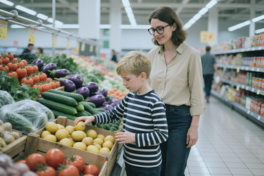 Женщина и мальчик выбирают свежие продукты для семейного похода в продуктовый магазин. - SeventyFour