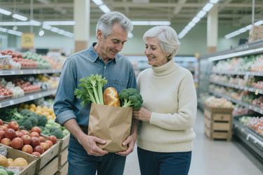 Пожилая пара покупает свежие продукты в супермаркете. - SeventyFour