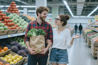 Взрослая пара покупает свежие продукты в супермаркете. - SeventyFour