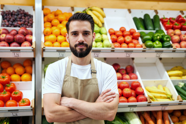 Портрет взрослого мужчины, стоящего в отделе овощей и фруктов в продуктовом магазине. - SeventyFour