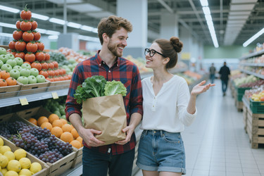 Взрослая пара покупает свежие продукты для здорового образа жизни. - SeventyFour