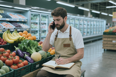 Взрослый мужчина в продуктовом магазине принимает заказ по телефону и делает записи в отделе овощей и фруктов. - SeventyFour