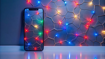 Разноцветные огни, расположенные на стене, а смартфон отражает яркий свет. Генеративный искусственный интеллект - RomanZ