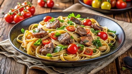 Домашняя паста лингвини с хрустящей жареной курицей и свежими помидорами черри. Генеративный искусственный интеллект - RomanZ