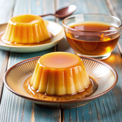 Вкусные десерты из флана и желе на деревенском деревянном столе с карамельным соусом. Генеративный искусственный интеллект - RomanZ