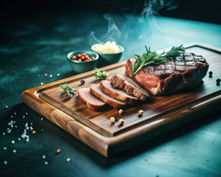 Вкусный стейк, приготовленный на гриле, подается на деревянной доске с травами и специями. Генеративный искусственный интеллект - RomanZ
