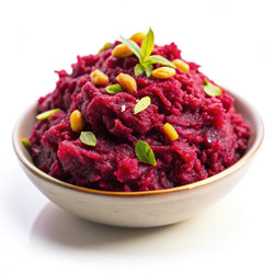 Невероятно вкусная, насыщенная свекольная халва с орехами и свежей зеленью, подаваемая в миске, идеально подойдет для любителей десертов на традиционном индийском застолье. Генеративный искусственный интеллект - RomanZ