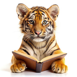 Маленький тигренок, сидя в помещении, с удовольствием читает книгу, наслаждаясь тишиной, любопытством и обучением. Генеративный ИИ - RomanZ