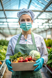 Работник пищевой промышленности в защитной маске несет свежие продукты в теплице. Генеративный искусственный интеллект - RomanZ