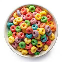 Вид сверху на красочную миску с хлопьями Fruit Loops на белом фоне. Генеративный ИИ - RomanZ