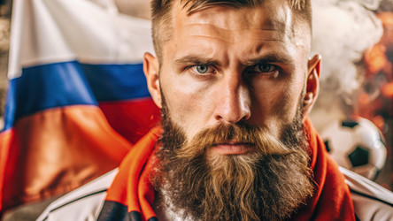 Эффектный портрет целеустремленного спортсмена на фоне российского флага, передающий страсть и самоотдачу перед крупным спортивным событием. Генеративный искусственный интеллект - RomanZ