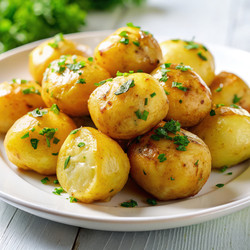 Вкусно запеченный золотистый картофель, украшенный зеленью, на белой тарелке — крупный план этого аппетитного блюда. Генеративный ИИ - RomanZ