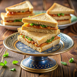 Вкусные бутерброды с кунжутной пастой, подаваемые на декоративной тарелке, на фоне яркой зелени и теплого хлеба на деревянном столе. Генеративный ИИ - RomanZ