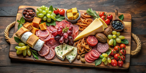 Изысканная мясная тарелка с мясными деликатесами, сырами, фруктами и орехами на деревянном подносе. Генеративный искусственный интеллект - RomanZ