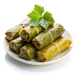 Вкусные роллы долма, украшенные свежей зеленью, на белой тарелке. Генеративный искусственный интеллект - RomanZ