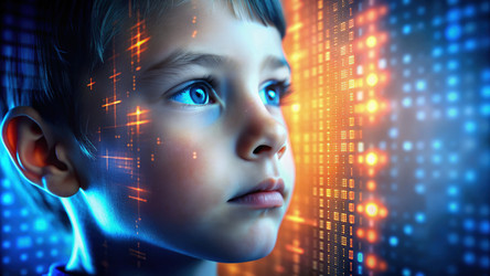 Close-up of a child’s face illuminated by digital code against a vibrant background during a futuristic setting. Generative AI - RomanZ