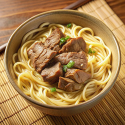 Вкусная лапша с говядиной, подаваемая в миске на бамбуковом коврике. Генеративный искусственный интеллект - RomanZ