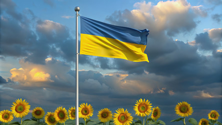 Украинский флаг гордо развевается среди подсолнечных полей под облачным небом. Генеративный ИИ - RomanZ