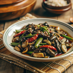Вкусные китайские овощи в соусе из черных бобов, подаваемые на деревянном столе. Генеративный искусственный интеллект - RomanZ