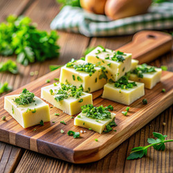 Булочки с маслом, посыпанные травами, на деревянной разделочной доске на кухне. Генеративный искусственный интеллект - RomanZ