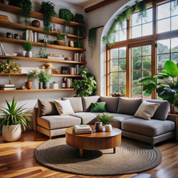Уютная современная гостиная, наполненная растениями и естественным светом в течение дня. Генеративный ИИ - RomanZ