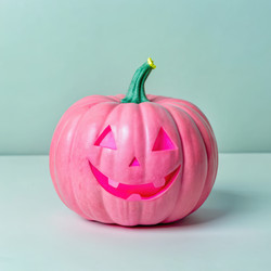 Яркая тыква на Хэллоуин с улыбающимся лицом на светло-голубом фоне. Генеративный ИИ - RomanZ