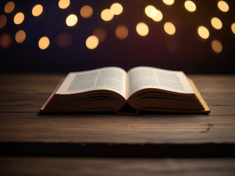 Открытая книга на темном деревянном столе, на фоне мягкого боке. Генеративный ИИ - RomanZ