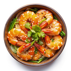 Маринованные креветки по-корейски, посыпанные кунжутом и кинзой, подаются в миске. Генеративный искусственный интеллект - RomanZ