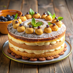 Вкусный многослойный торт с кремом и фруктовым украшением на деревянном столе. Генеративный ИИ - RomanZ