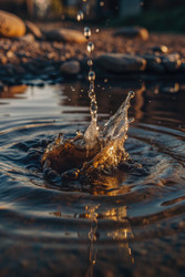 Капли воды создают рябь на спокойном пруду на закате. Генеративный ИИ - RomanZ