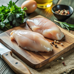 Два сырых куриных филе на деревянной разделочной доске, рядом зелень и яйцо. Генеративный ИИ - RomanZ