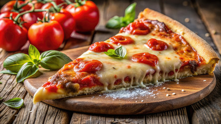 Вкусный кусочек пиццы с пепперони на деревянной доске со свежими помидорами и базиликом. Генеративный ИИ - RomanZ
