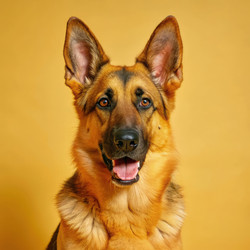 Дружелюбная немецкая овчарка улыбается на ярко-желтом фоне. Генеративный ИИ - RomanZ