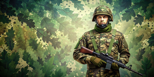 Солдат в камуфляжной форме стоит в боевой готовности на фоне заросшего зеленью военного пейзажа. Генеративный ИИ - RomanZ