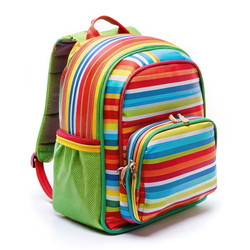 Colorful school bag with stripes on a white background for children’s use. Generative AI - RomanZ