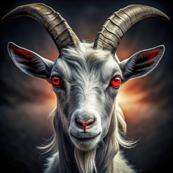 Chivo maligno con ojos rojos en fondo oscuro y tenue iluminación dramática. Generative AI - RomanZ