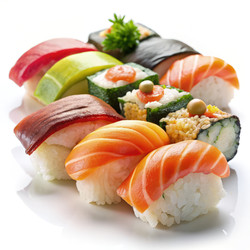 Вкусные нигири из смешанных суши аккуратно размещены на белом фоне. Генеративный ИИ - RomanZ