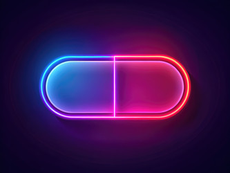 Неоновый линейный рисунок таблетки красного и фиолетового цветов на темном фоне. Генеративный ИИ - RomanZ