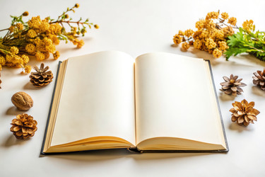 Макет открытой пустой книги с цветами и сосновыми шишками на белом фоне. Генеративный ИИ - RomanZ