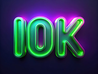 Светящаяся неоновая вывеска «10K» зеленого и фиолетового цвета на темном фоне в стандартном масштабе. Генеративный ИИ - RomanZ