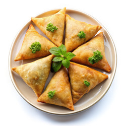 Вкусные вегетарианские самосы на белой тарелке, украшенные зеленью. Генеративный искусственный интеллект - RomanZ