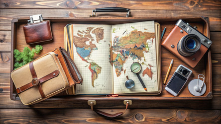 A traveler’s flat lay with a suitcase, a travel journal, and essential gear. Generative AI - RomanZ