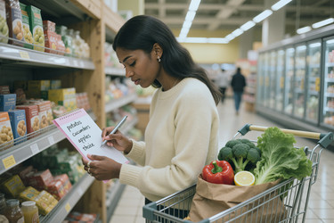 Чернокожая женщина составляет список покупок, покупая свежие продукты. - SeventyFour