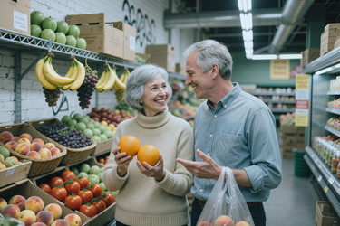 Пожилая пара покупает свежие продукты в продуктовом магазине. - SeventyFour