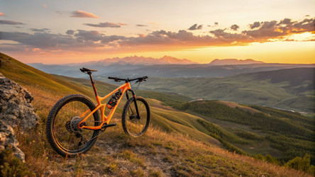 Насладитесь потрясающими горными пейзажами на ярком велосипеде Mango Bike на закате. Генеративный искусственный интеллект - RomanZ