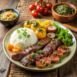 Вкусное бразильское блюдо чураско с рисом, овощами и свежей зеленью на ужин - RomanZ