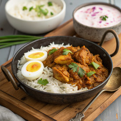 Вкуснейшее куриное тхокку с рисом и вареными яйцами, подаваемое в традиционной миске. Генеративный ИИ - RomanZ