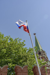 Флаг России на фоне кремлевской башни и зеленых деревьев в Москве - Sadoff