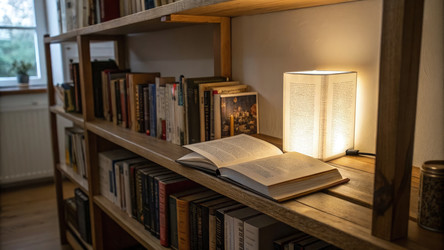 Книжная полка со светящейся книгой, освещающей уютный уголок для чтения на закате. Генеративный ИИ - RomanZ