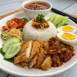 Наси Аям Хас Джамбирз подается с рисом, овощами и острым соусом. Генеративный ИИ - RomanZ